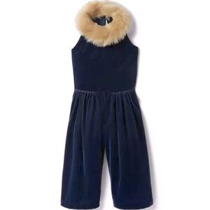 Janie & Jack Navy Marine Blue Velvet Faux Fur Tan Collar Jumpsuit 18-24months